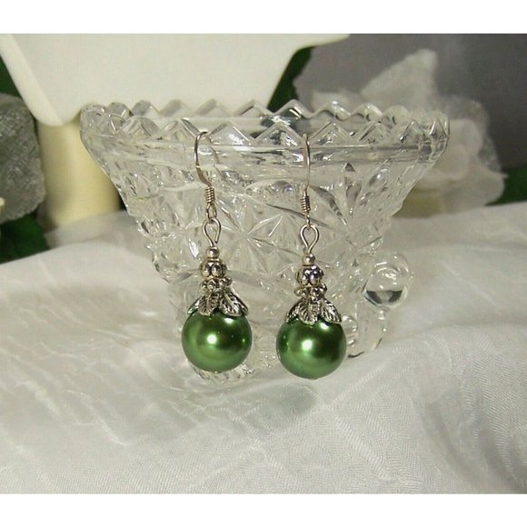 Sterling Silver 12mm Green Glass Pearl Earrings Caps Accent Beads Shepherd Hook - Picture 1 of 4
